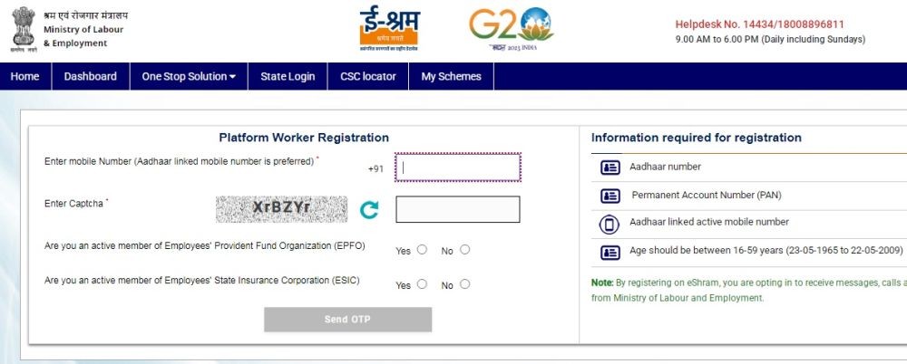 The platform and gig workers registration page on e-Shram Portal